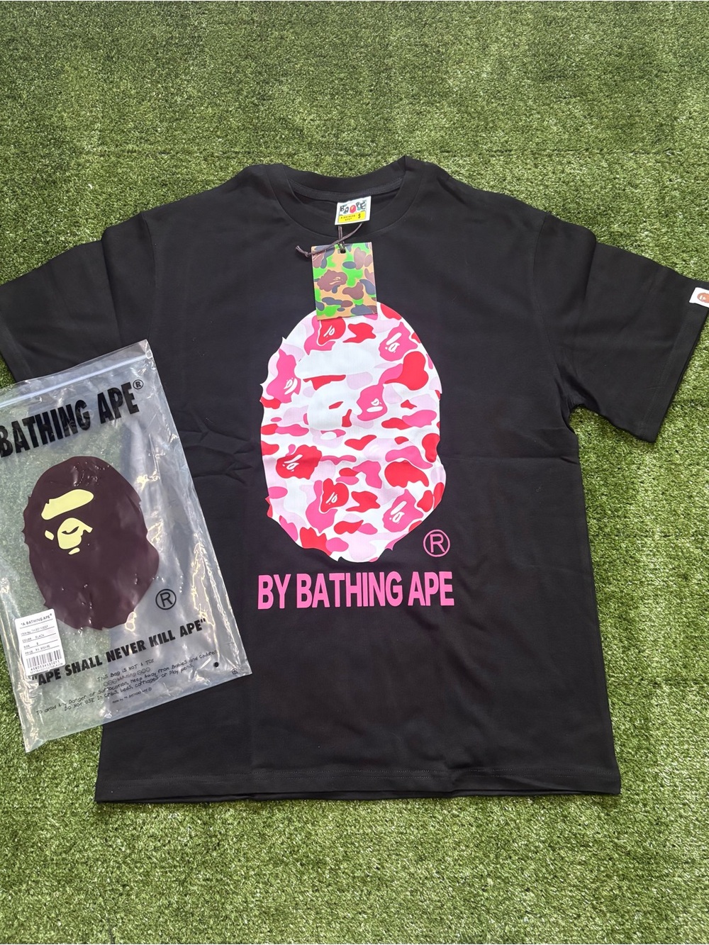 Bape Black Tee with Pink Camo Ape Head Graphic